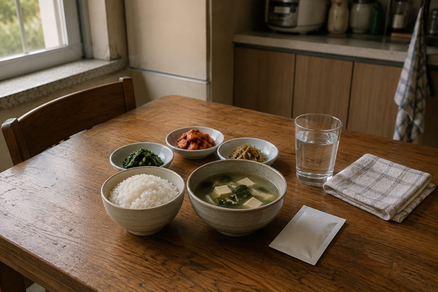 소박한 한국식 아침 상차림이 놓인 나무 식탁