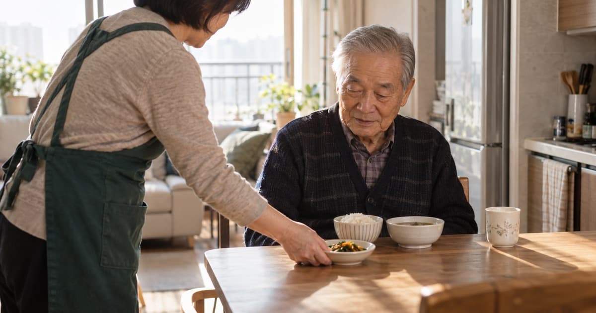 아침 햇빛이 드는 거실 식탁에 앉은 어르신 옆에서 요양보호사가 반찬 그릇을 내려놓는 장면